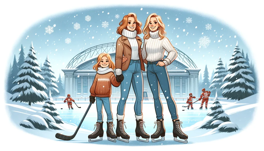 2 moms and a girl stand with hockey skates in front of the hockey rink