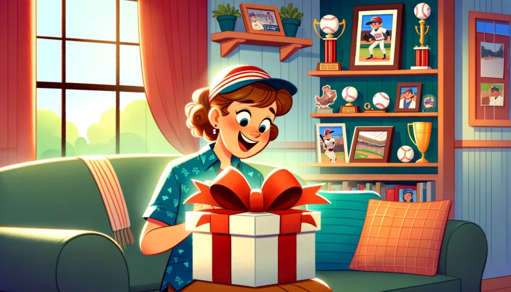 A joyful baseball mom opening a large gift in a room decorated with baseball memorabilia, embodying the warmth and love of the sport.