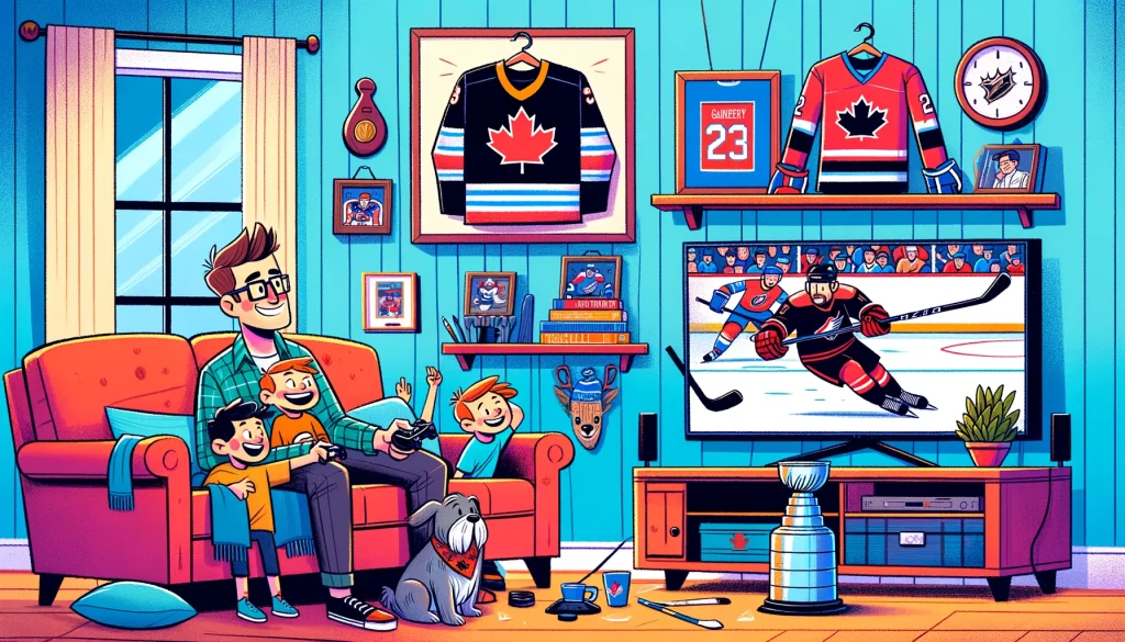 Dad playing a hockey video game with kids cheering and family dog watching, in a living room decorated with hockey memorabilia.