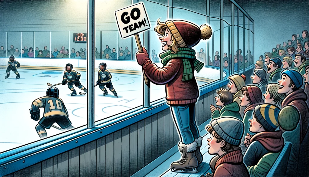 A mom cheering on her son at a hockey game in the stands holding a sign that says "Go Team"