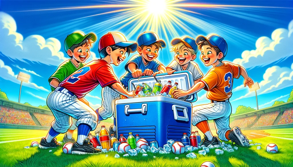 Brightly uniformed kids reaching into a cooler on a sunny field, capturing the vibrant joy of youth baseball and team refreshment moments.