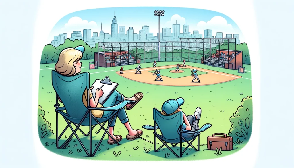 A mom keeping score in her portable camping chair at her sons baseball game with a younger sibling next to her in another camping chair.