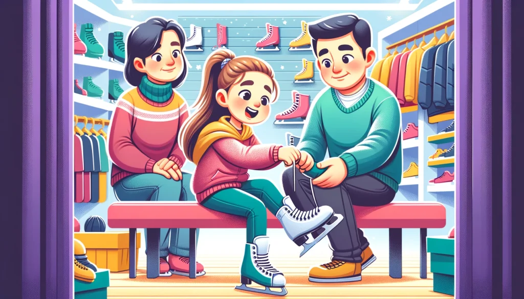 Young girl trying on ice skates in store with parents, showcasing a supportive family shopping moment in a colorful sports shop.