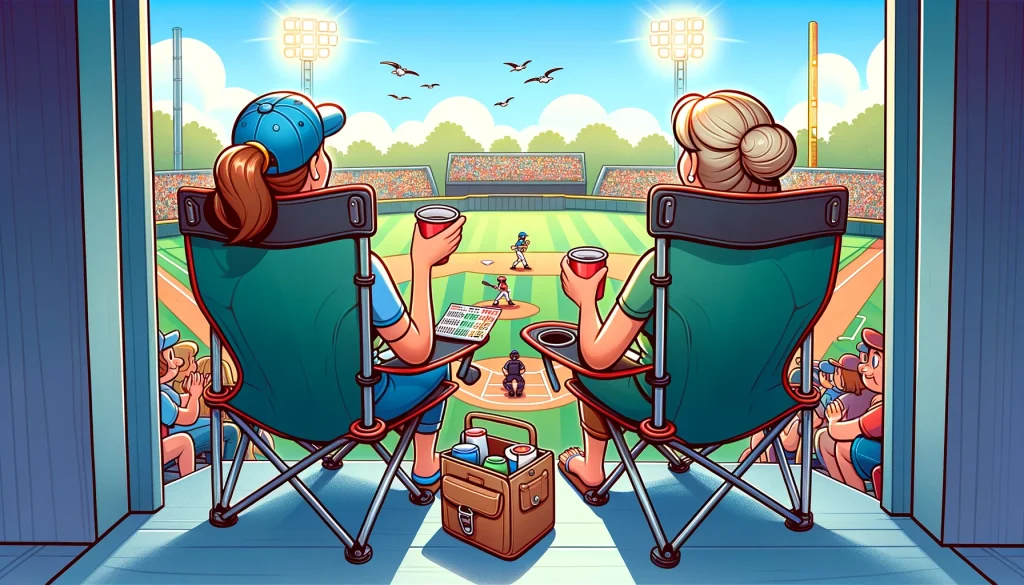 Two moms in camping chairs with cup holders, enjoying a front-row view of a baseball game from behind the backstop, emphasizing the chairs' premium features.