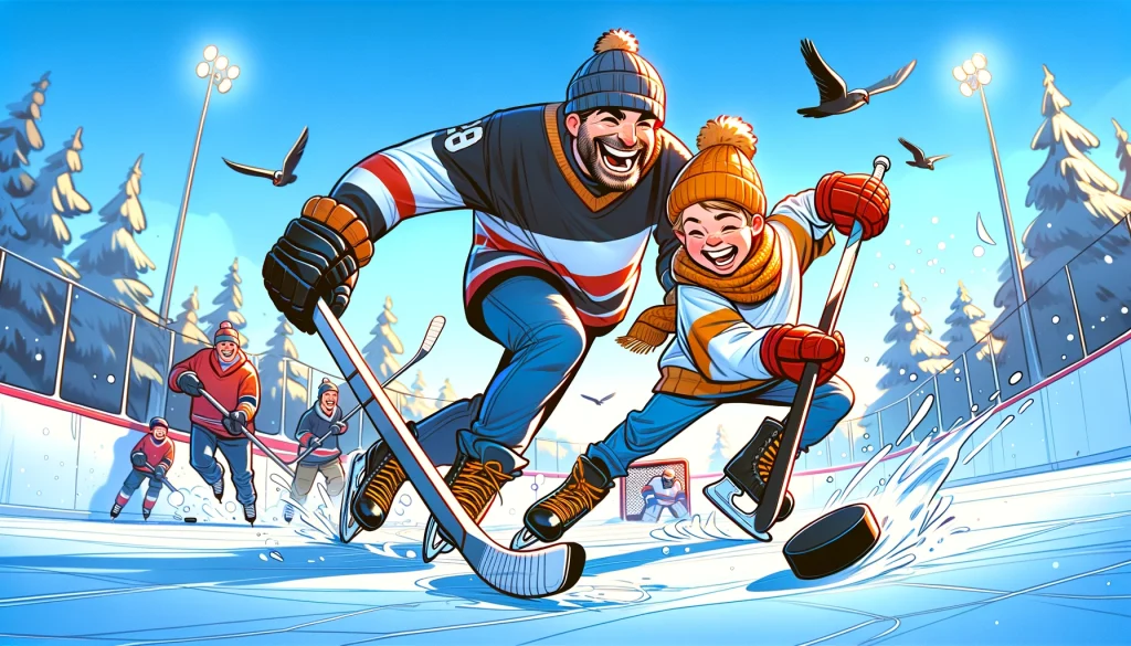 Dad and daughter playing hockey on an outdoor ice rink, enjoying a joyful and bonding moment amidst a snowy winter landscape.