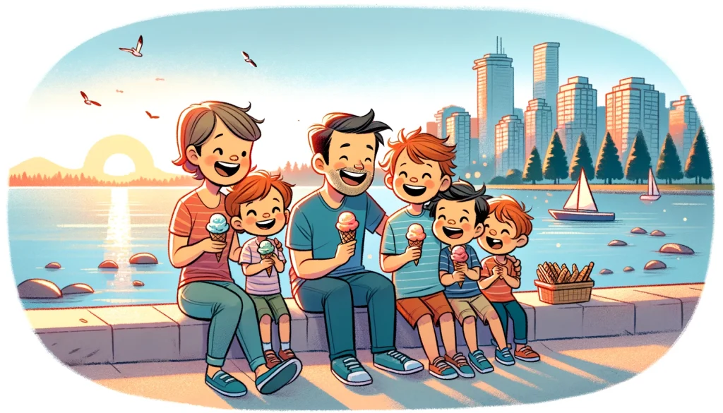 Heartwarming cartoon depiction of a family sharing ice cream at Stanley Park Seawall, Vancouver, with a picturesque sunset and city skyline backdrop.