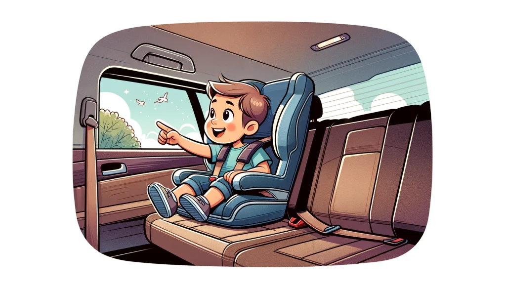 A child excitedly looking out the window in a highback booster seat, showcasing safety and joy during a car ride with his grandparents.