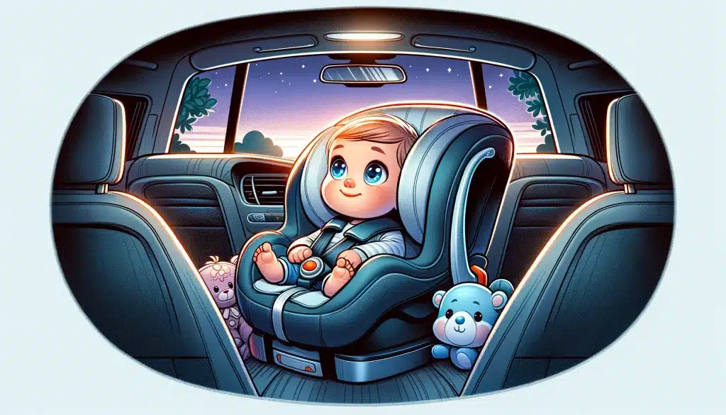 A baby in a budget friendly car seat looking out the back window of a car, surrounded by plush toys, highlighting a secure and comforting travel atmosphere.