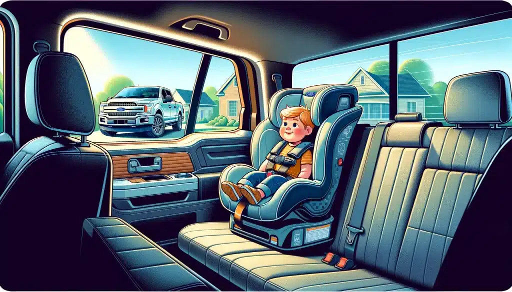 A young child securely strapped in a convertible car seat in the back of a Ford F-150 pickup truck, showcasing safety and comfort features, with a sunny day scene outside.