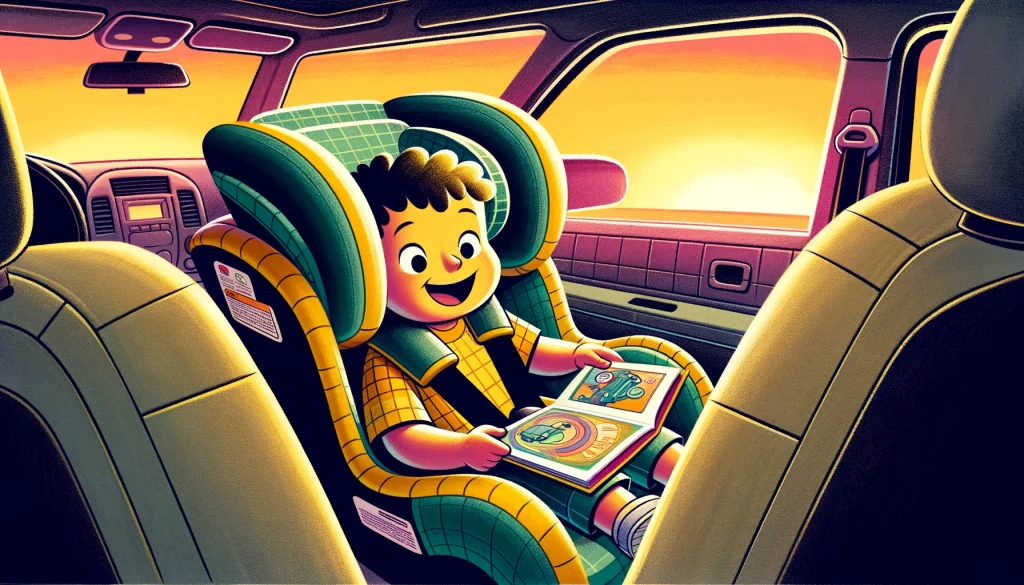 A joyful child reading a colorful book in a secure convertible car seat, highlighting safety and comfort.
