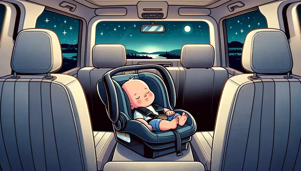 Baby asleep in a rear-facing infant car seat in a pickup truck at night, emphasizing a peaceful and secure travel environment with a starry landscape.