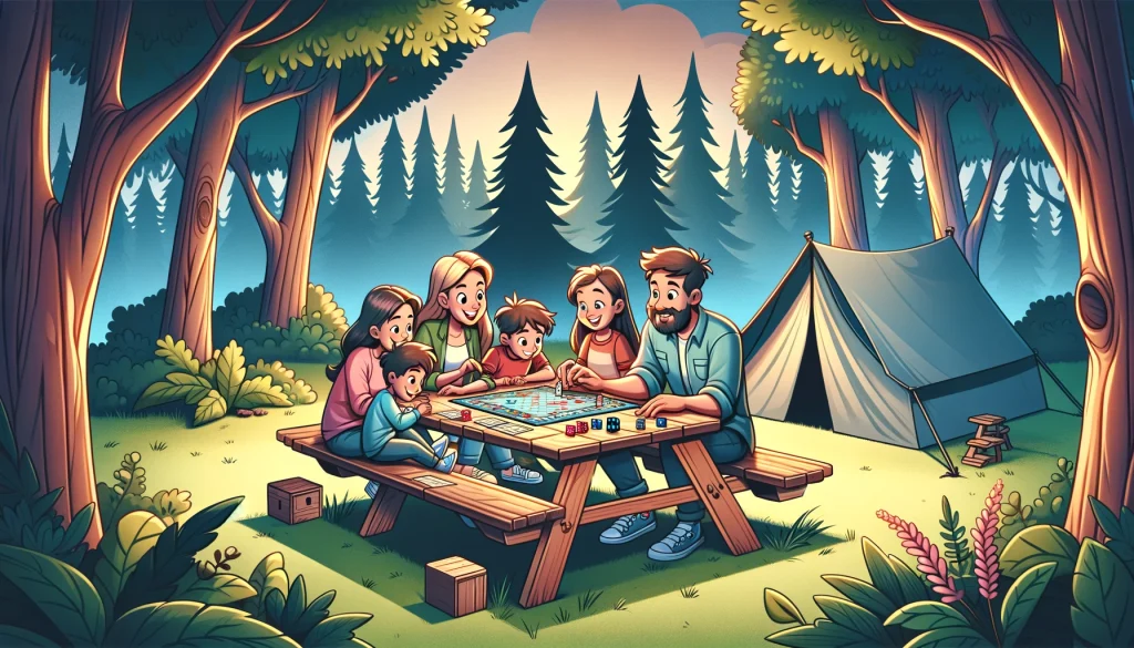 a family's precious moments of togetherness and fun, playing a board game amidst the peaceful surroundings of their camping adventure. The detailed scene emphasizes the joy of family bonding and the beauty of connecting with each other and nature.