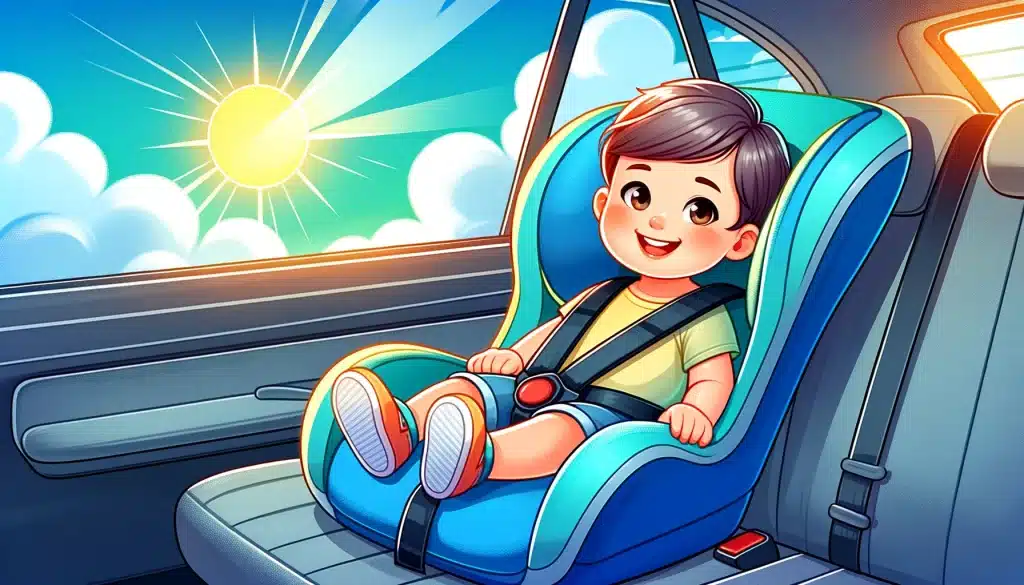 Joyful child in a vibrant car seat enjoying a sunny ride, highlighting safety and happiness.