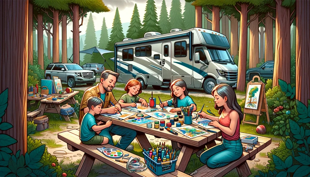 a family's creative journey together, engaging in an art project in the tranquil setting of their campsite. The RV in the background adds a modern twist to the camping experience, combining the comfort of home with the inspiration drawn from nature, making for memorable moments of family bonding and artistic exploration.