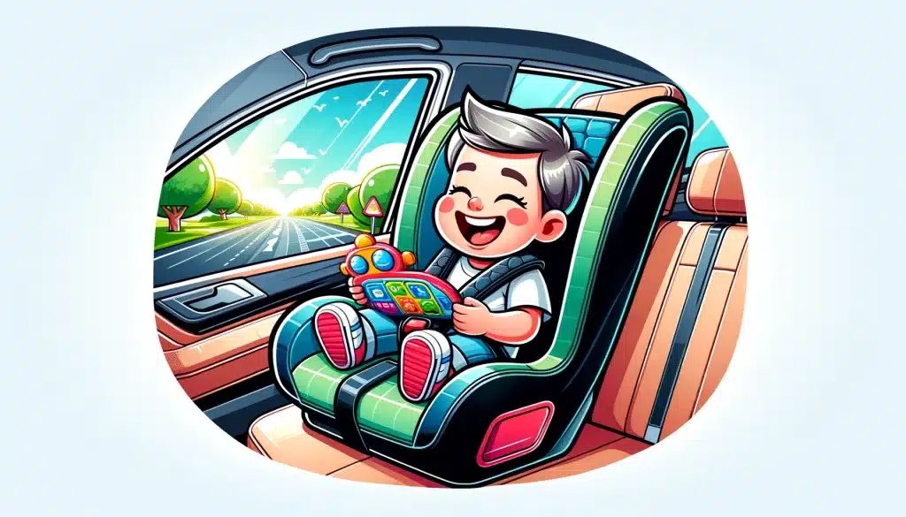 Delighted child playing in a safe car seat during a scenic drive, emphasizing joy and security.