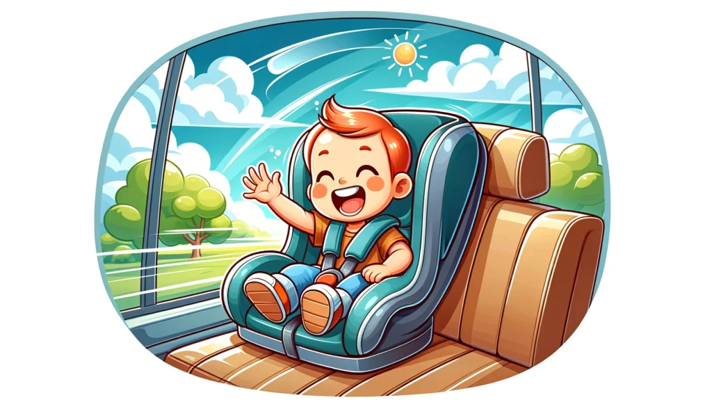 Cheerful child waving from a safe car seat during travel