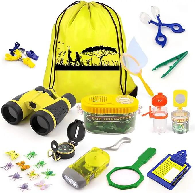 Kids Explorer Kit, 24 PCS Outdoor Adventure Camping Kit & Bug Catcher Kit with Drawstring Bag, Binoculars, Compass, Butterfly Net, Educational Nature Exploration Toys Gift for Boys & Girls