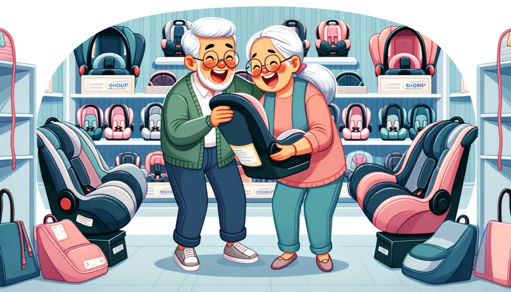 Cheerful grandparents joyously selecting a car seat for their grandchild, emphasizing safety and comfort in a welcoming baby store.