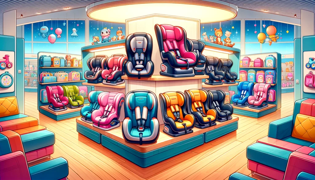 Showcasing modern and attractive car seats with advanced safety technology on sale in a contemporary baby store, emphasizing joy in selecting the perfect car seat