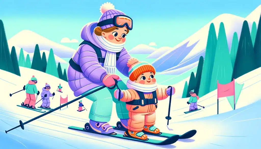 toddler and mom skiing with harness on bunny hill, showcasing a vibrant winter scene with a purple-jacketed mom guiding her orange-suited child, surrounded by snowy landscapes and beginner skiers.