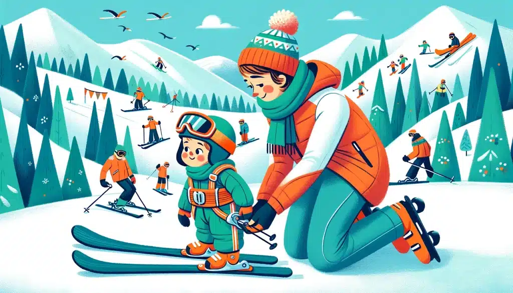 A parent in an orange ski jacket fitting a ski harness on their toddler in a green ski suit, set against a snowy mountain backdrop with skiers and snowboarders, emphasizing the preparation for a child's skiing experience.