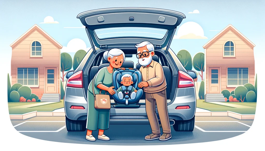Grandparents putting grandchild into car seat in family car, emphasizing child safety and family care.
