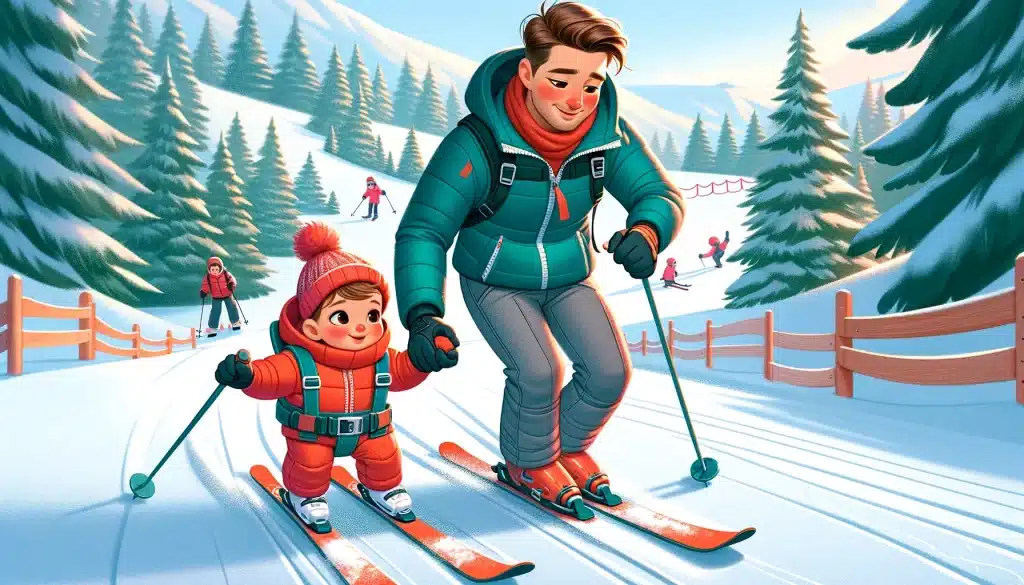 dad and toddler skiing together with ski harness on a bunny slope, featuring a dad in teal jacket and grey pants and a toddler in a red ski suit, highlighting family ski fun amidst a snowy evergreen setting.