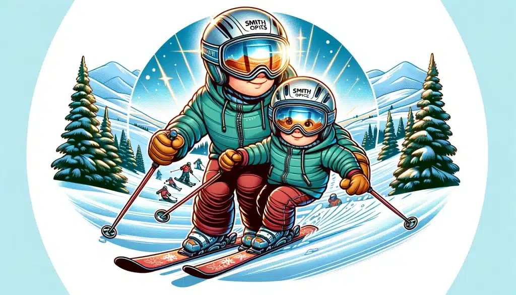 A toddler and their parent skiing down a mountain, both wearing new Smith Optics helmets, highlighting the joy and safety of family skiing adventures.