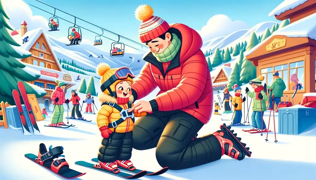 A parent in a red ski jacket securing a blue ski harness on a toddler in a yellow ski suit at a bustling ski resort, capturing the joyful anticipation of a family ski trip with ski lifts and mountains in the background.