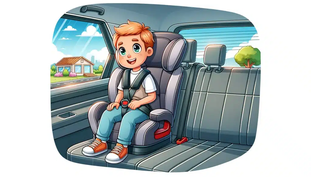 child smiling and safely buckled in a highback booster seat in the back seat of a car, ready for an adventure.