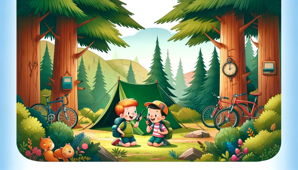 a joyful moment of two children exploring the wonders of camping and biking in the forest, staying connected with walkie-talkies. The traditional tent and resting bikes add a touch of classic outdoor adventure, surrounded by the forest's natural beauty.