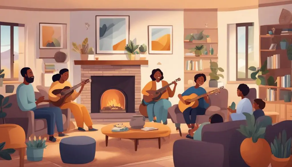 A cozy living room with a warm fireplace, family photos on the wall, and musical instruments scattered about. A group of family members gather around, singing and playing instruments together with joy