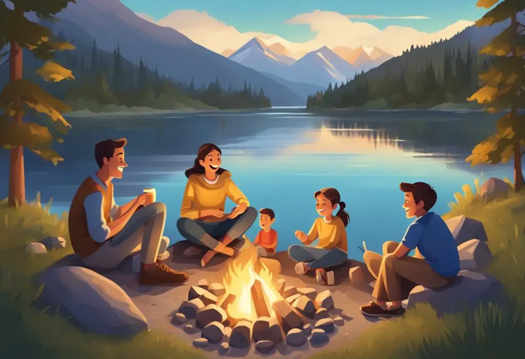 A family sits around a campfire, roasting marshmallows and laughing. A scenic lake and mountains provide a backdrop for their cozy vacation