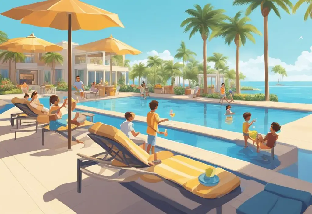 A family lounges by a pool at a luxurious resort, with palm trees and a clear blue sky in the background. The parents sip cocktails while the kids play in the water, creating a joyful, carefree atmosphere