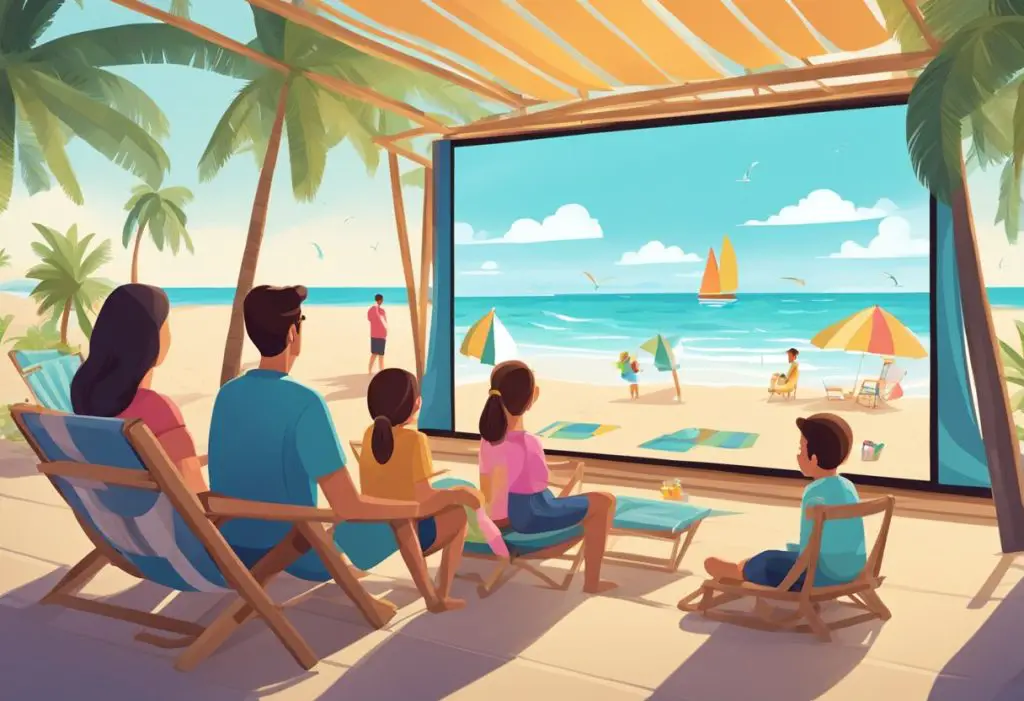 A family sits on a beach watching a projector screen, surrounded by palm trees and beach chairs. The screen displays scenes of past family vacations