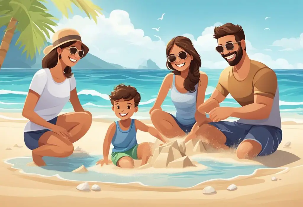 A family of four lounges on a sandy beach, surrounded by palm trees and crystal-clear waters. They smile and laugh as they build sandcastles and play in the waves