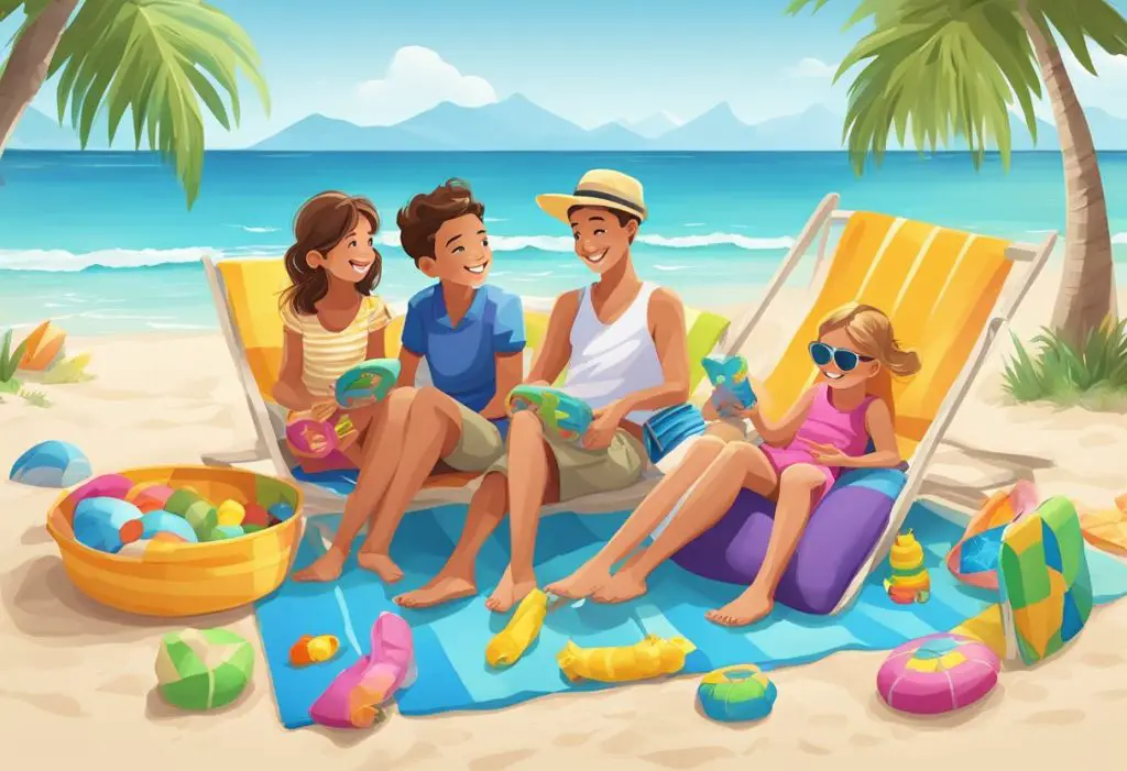 A family of four lounges on a tropical beach, surrounded by palm trees and crystal-clear waters. They are smiling and enjoying each other's company, with colorful beach towels and toys scattered around them