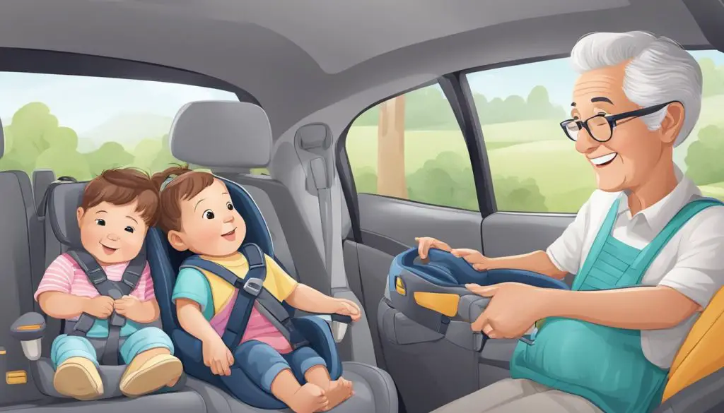 A grandparent installs a car seat securely in the backseat of their vehicle, ensuring the safety of their grandchild