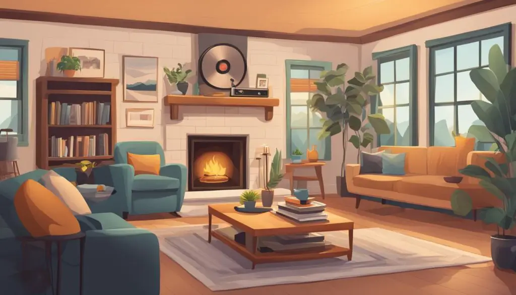 A cozy living room with family photos on the walls, a warm fireplace, and a record player spinning songs about family love