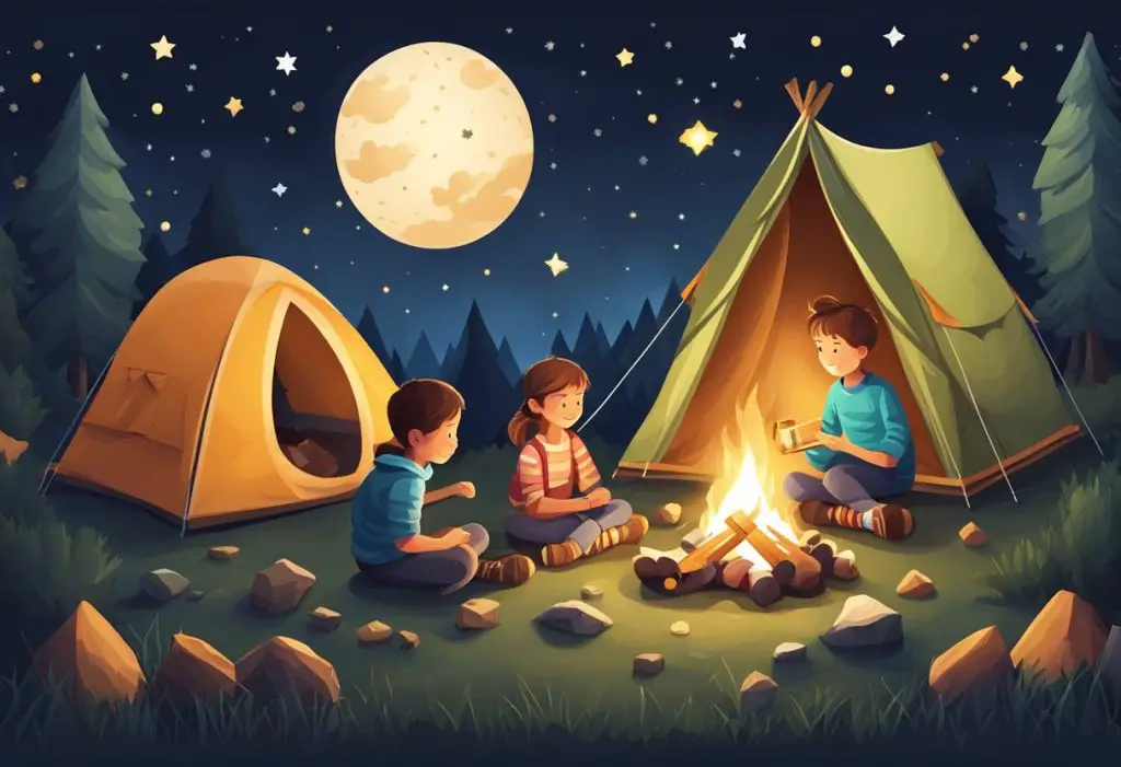Kids play with camping toys under the starry night sky. Tents, lanterns, and a campfire create a cozy atmosphere