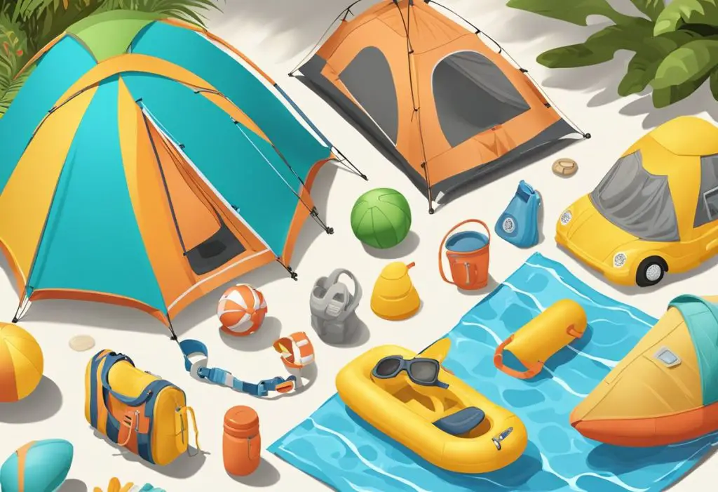 Children's camping toys scattered by a pool with swim gear and water play items
