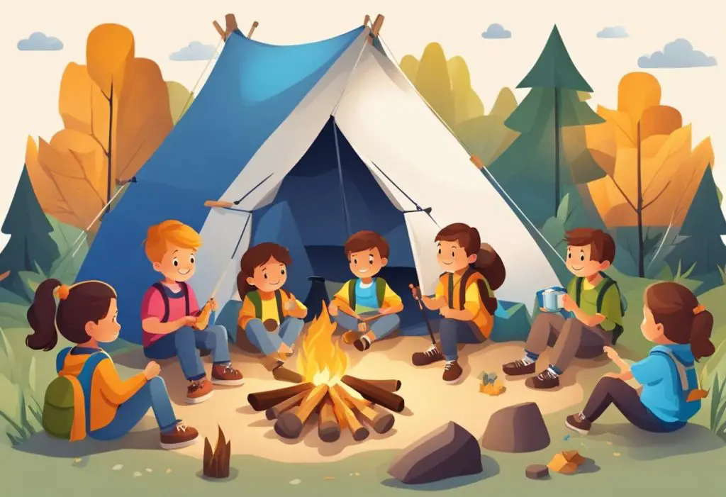 A group of kids sit around a campfire, making crafts and playing with camping toys. The scene is filled with creativity and excitement
