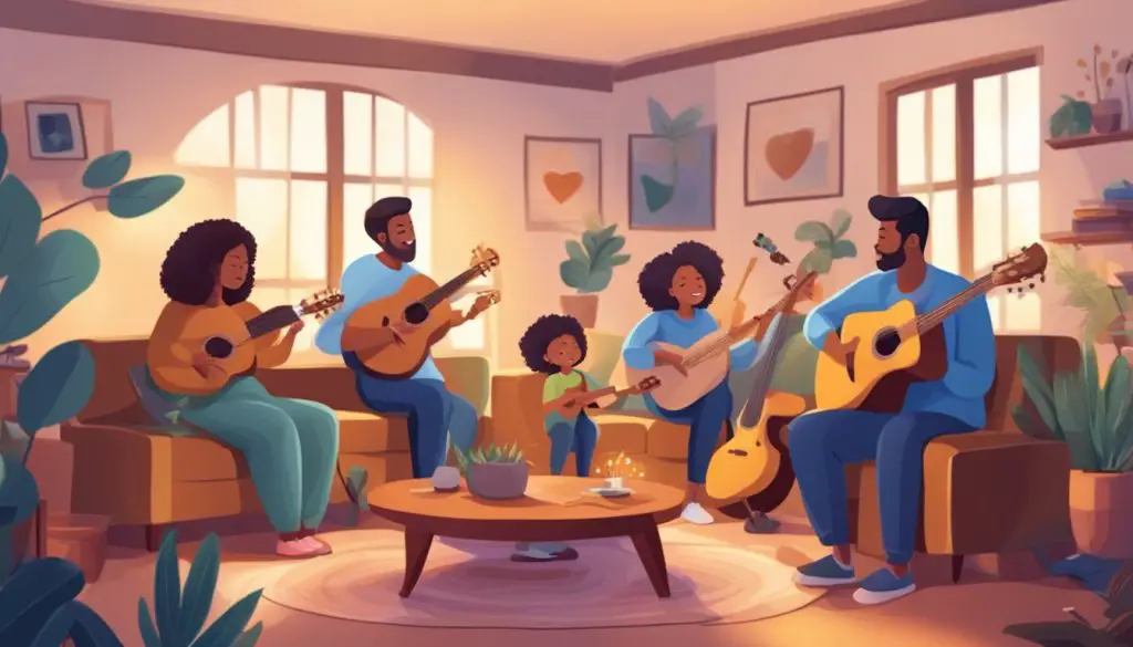 A family sits in a cozy living room, surrounded by musical instruments. They are singing and playing together, radiating love and unity