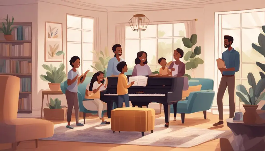 A cozy living room with a family gathered around a piano, singing and smiling as they bond over heartwarming songs about family love