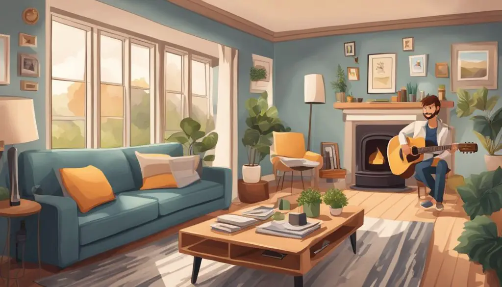 A cozy living room with a guitar and family photos on the wall, capturing the warmth and love of family-centric songs