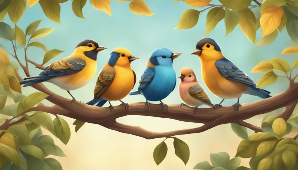 A family of song birds sitting on a tree branch together