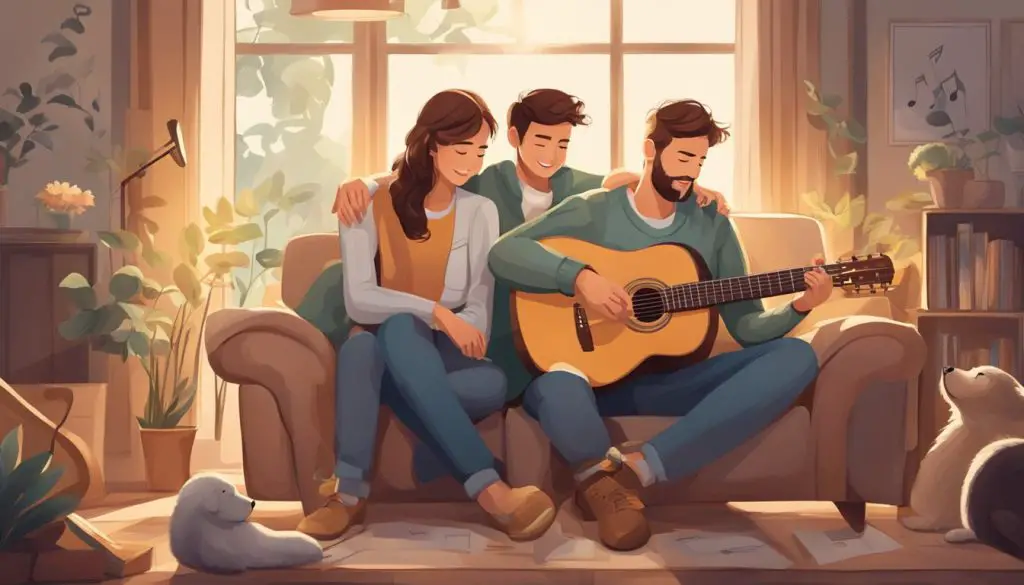 A family sitting together playing a guitar, surrounded by musical notes and symbols, with a warm and loving atmosphere