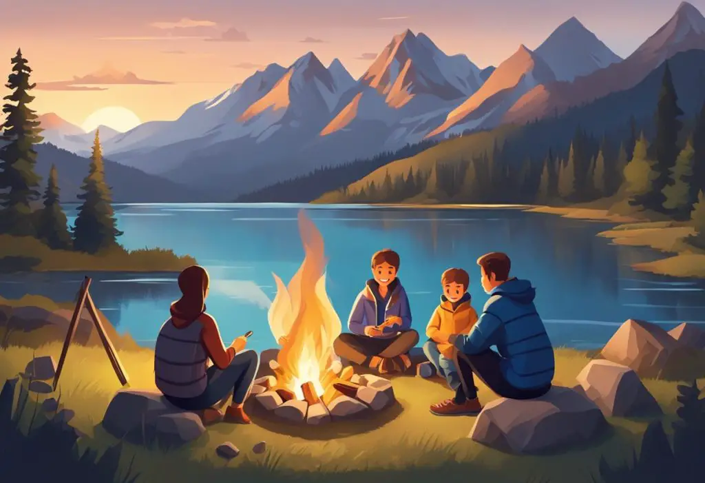 A family sits around a campfire, roasting marshmallows and sharing stories. A scenic view of mountains and a lake in the background