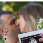 Couple kissing while holding ultrasound photo with 3D ultrasound guide text overlay.