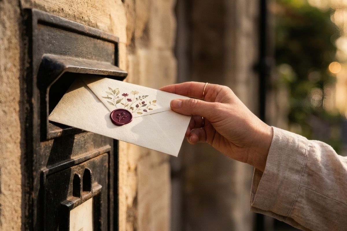 Hand placing a decorative envelope with a floral design and wax seal into a vintage mailbox, illustrating baby shower invitations.
